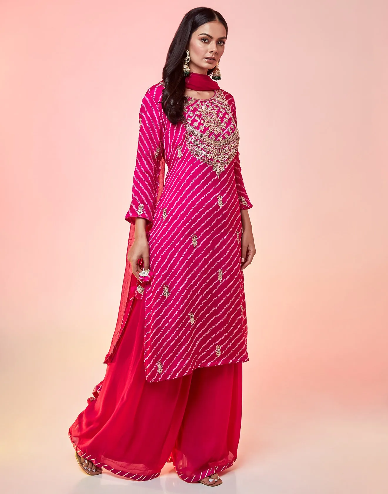 Hot Pink And Magenta Shaded Bandhani In Process Bright Pink Palazzo Suit Set