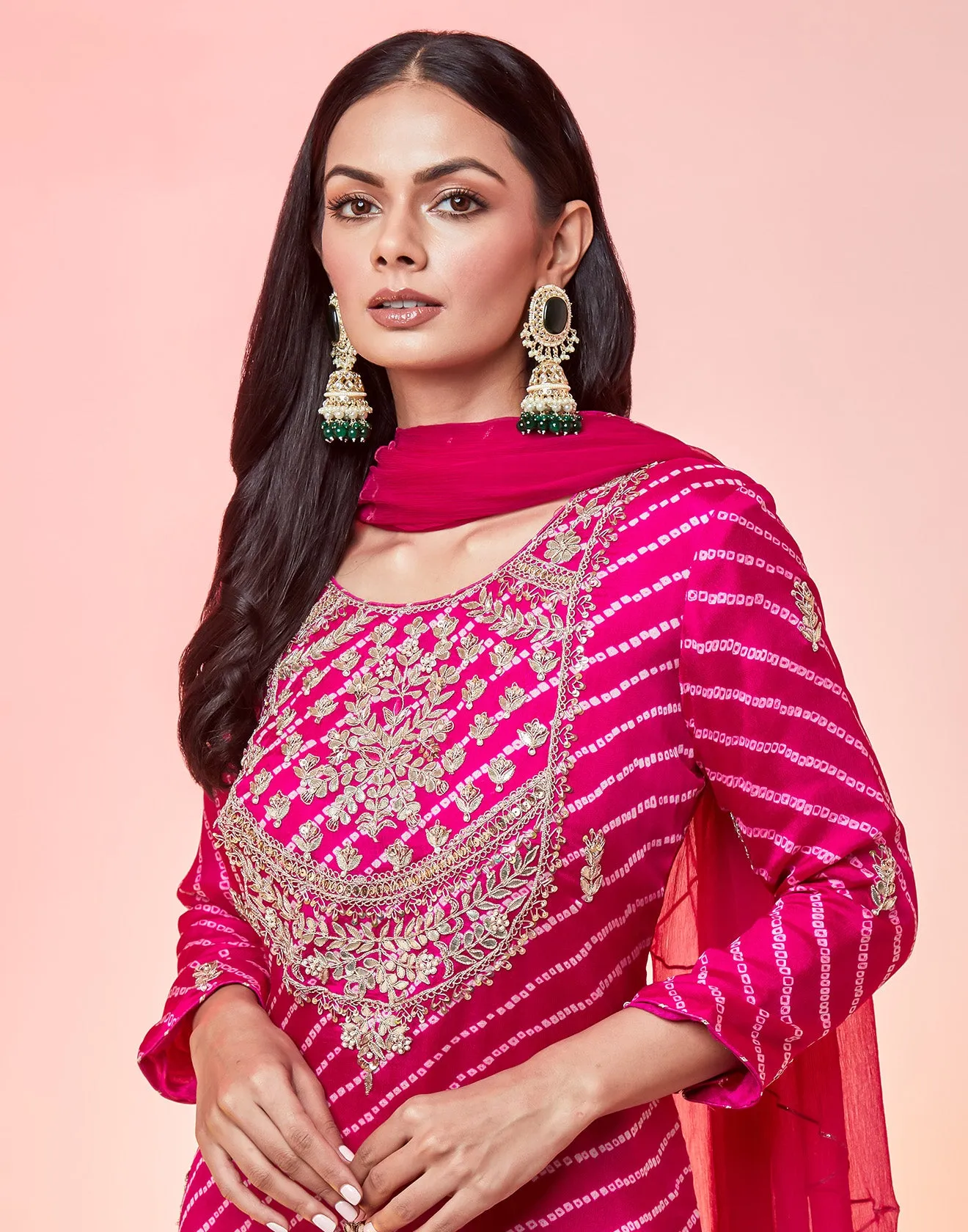 Hot Pink And Magenta Shaded Bandhani In Process Bright Pink Palazzo Suit Set