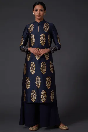 Indigo Blue Block Printed Kurta With Palazzo