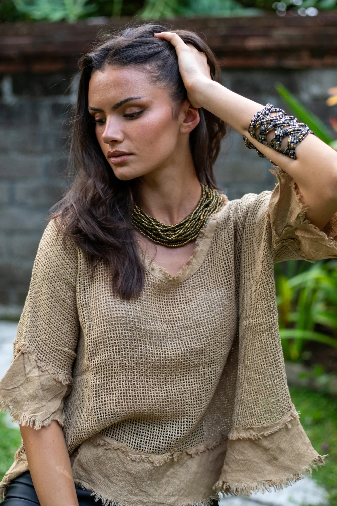 'Isla' Mesh Overlay Linen Top