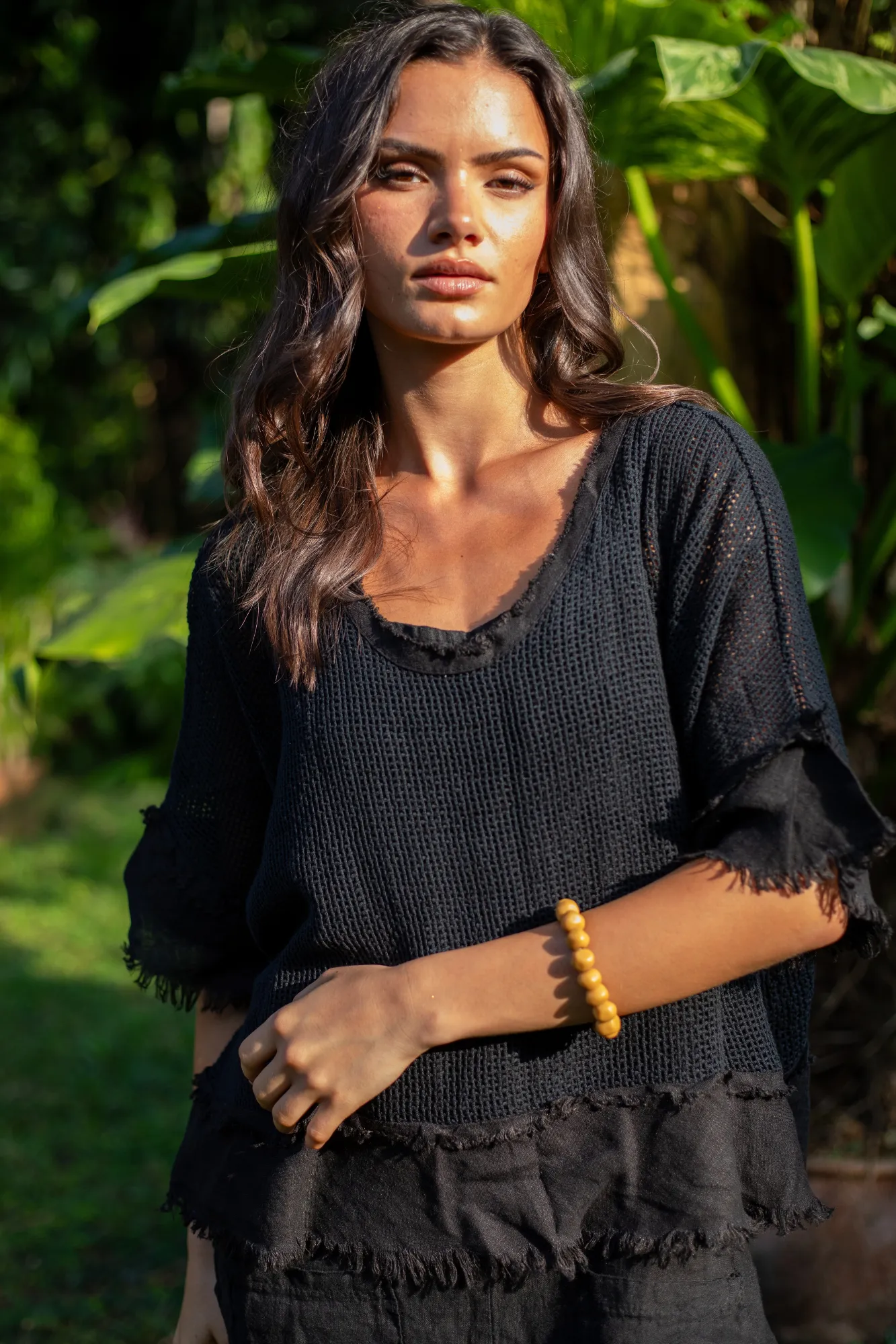 'Isla' Mesh Overlay Linen Top