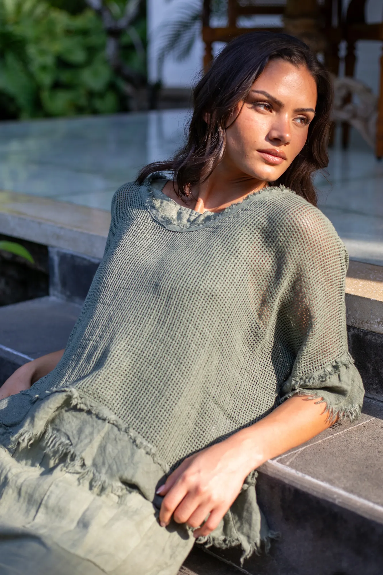 'Isla' Mesh Overlay Linen Top