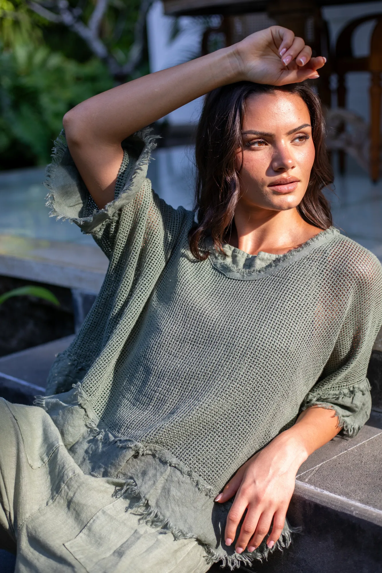 'Isla' Mesh Overlay Linen Top