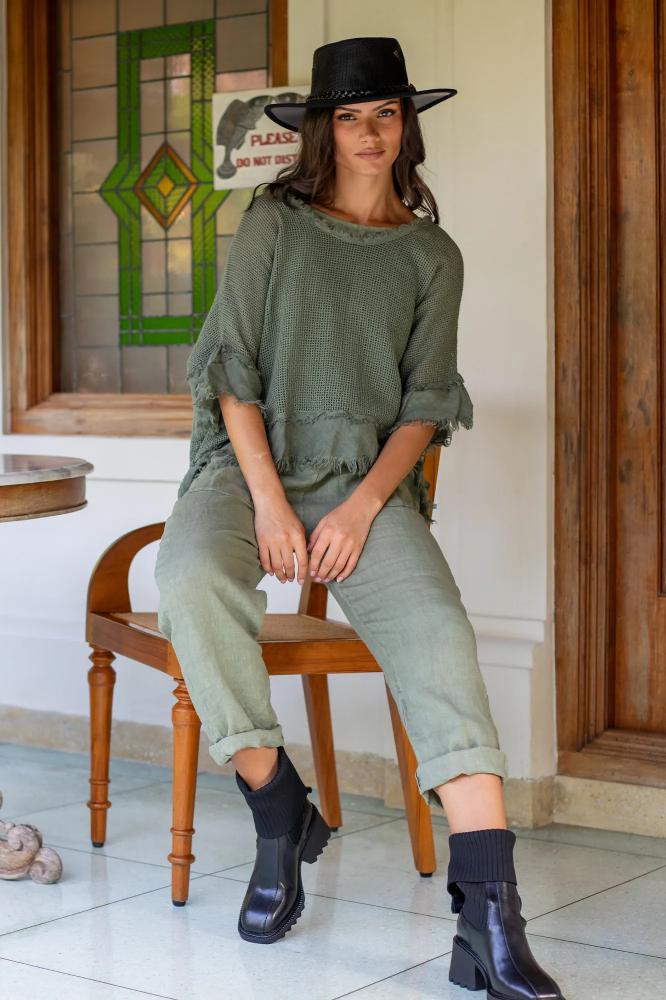 'Isla' Mesh Overlay Linen Top