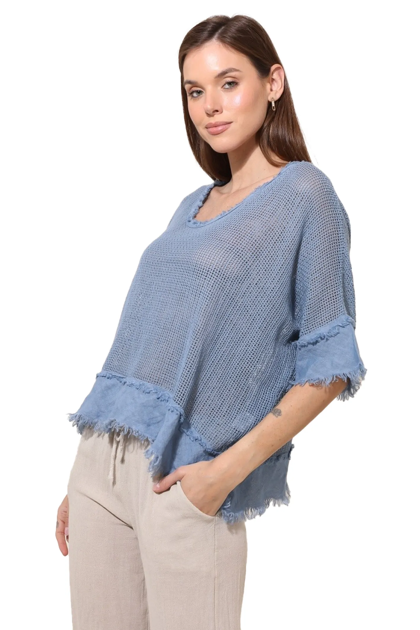 'Isla' Mesh Overlay Linen Top