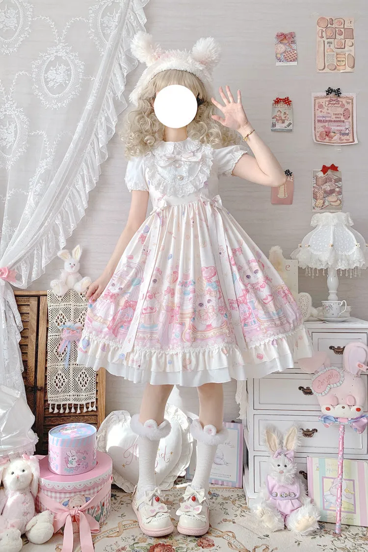 Ivory Cute Cat Print High Waisted Ruffle Bowknot Sweet Princess Lolita JSK Dress