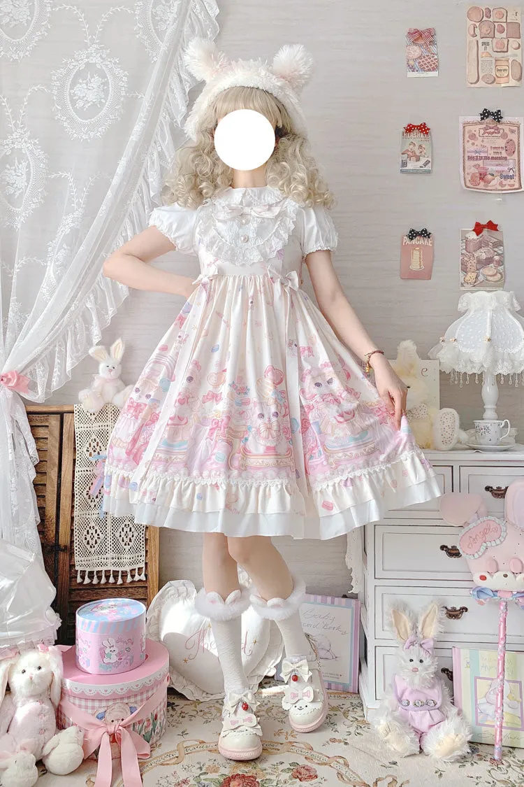 Ivory Cute Cat Print High Waisted Ruffle Bowknot Sweet Princess Lolita JSK Dress