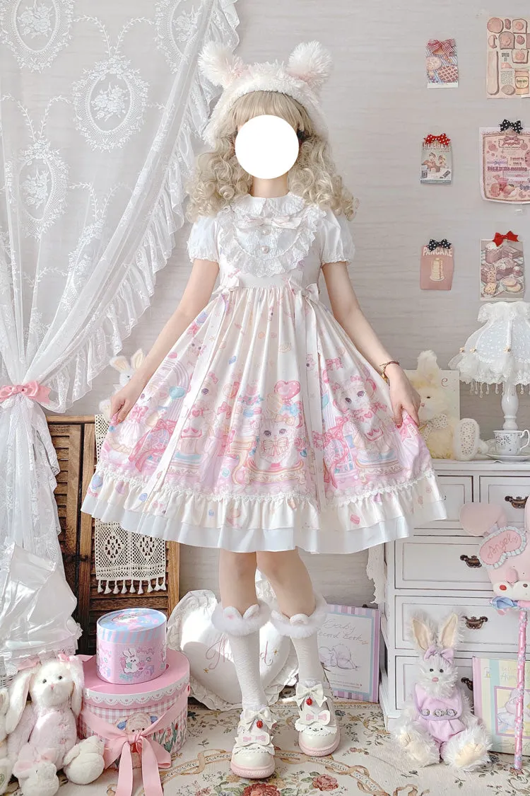 Ivory Cute Cat Print High Waisted Ruffle Bowknot Sweet Princess Lolita JSK Dress