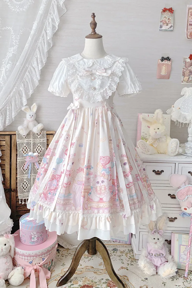 Ivory Cute Cat Print High Waisted Ruffle Bowknot Sweet Princess Lolita JSK Dress