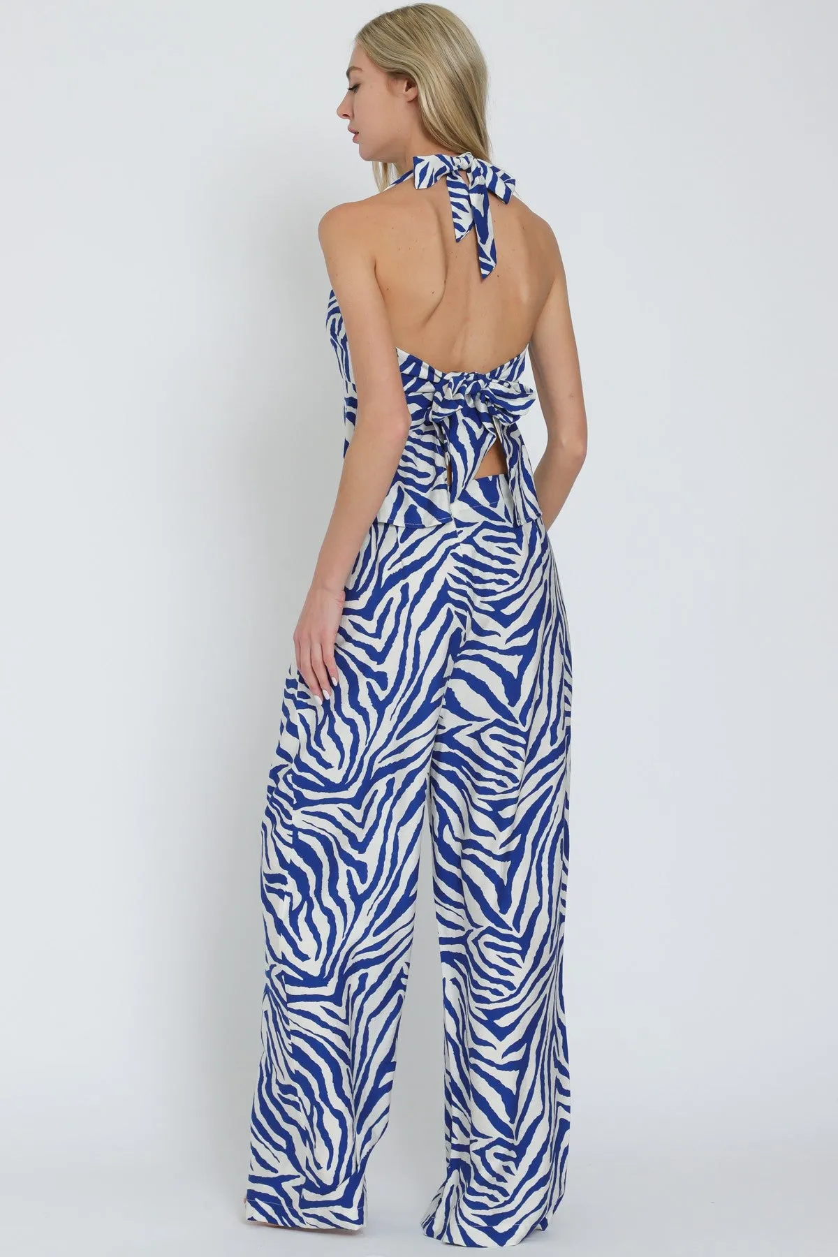 Ivory/Blue Halter Tie Back Waisted Top & Long Pants Set