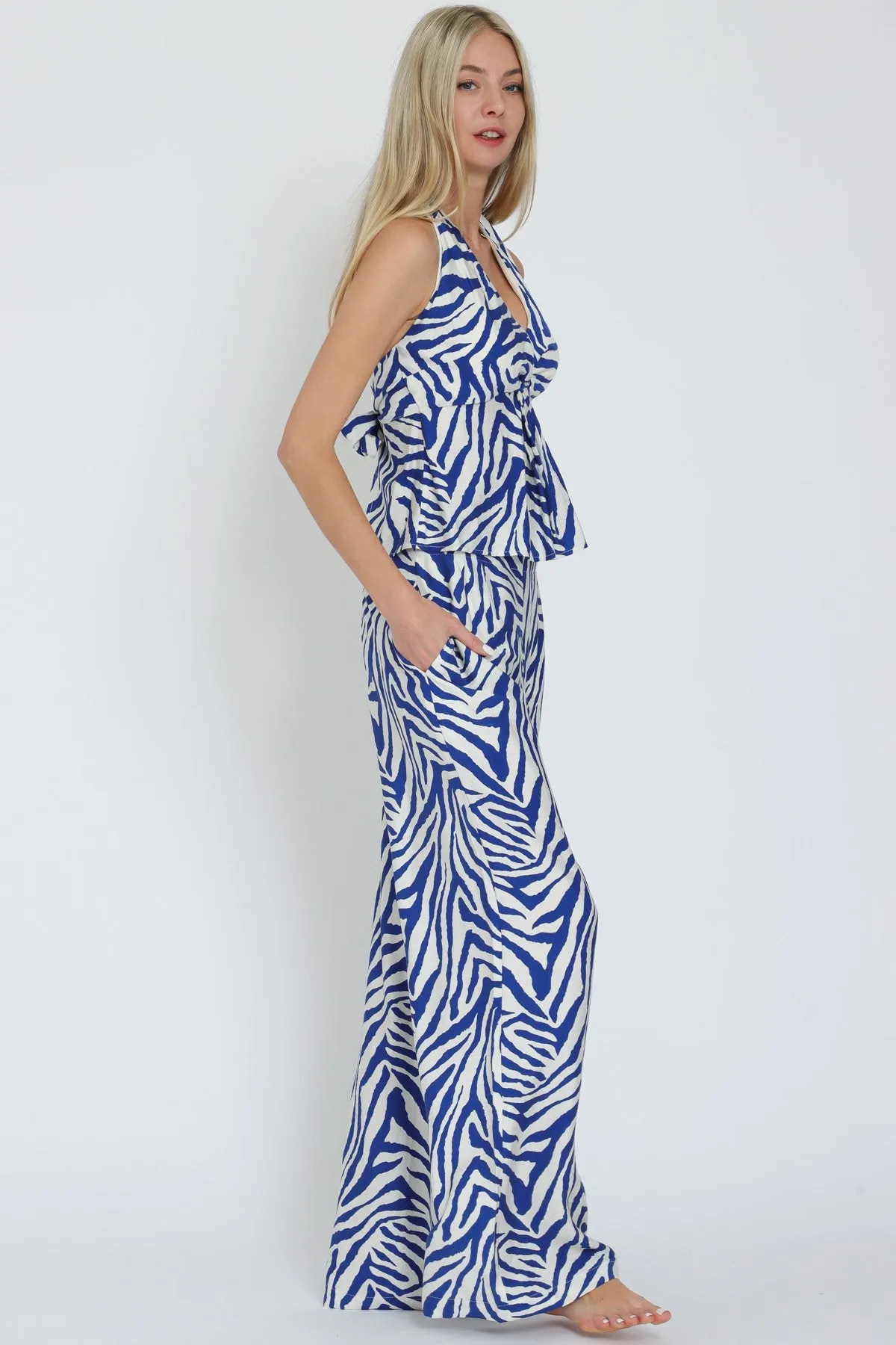 Ivory/Blue Halter Tie Back Waisted Top & Long Pants Set