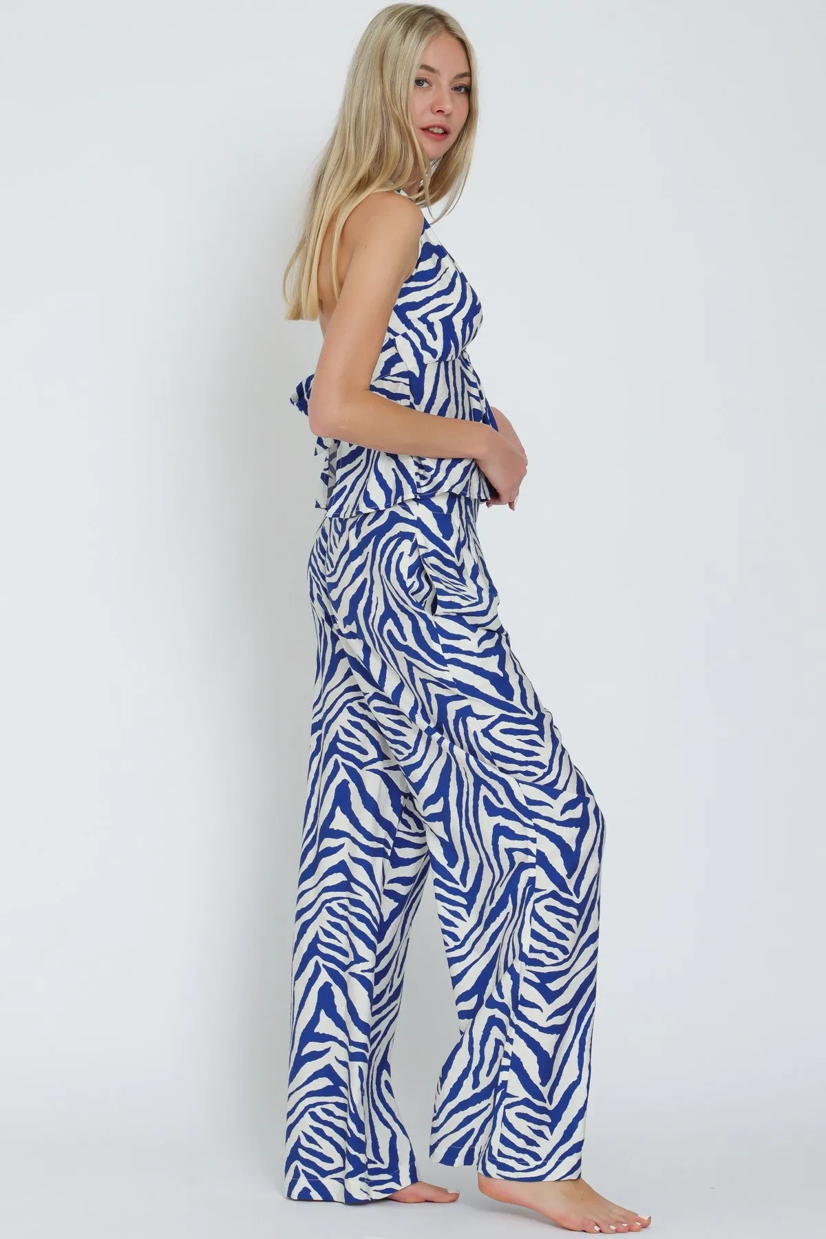 Ivory/Blue Halter Tie Back Waisted Top & Long Pants Set