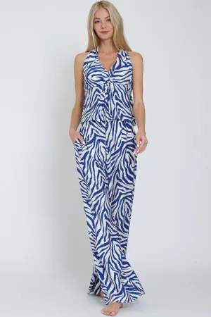Ivory/Blue Halter Tie Back Waisted Top & Long Pants Set