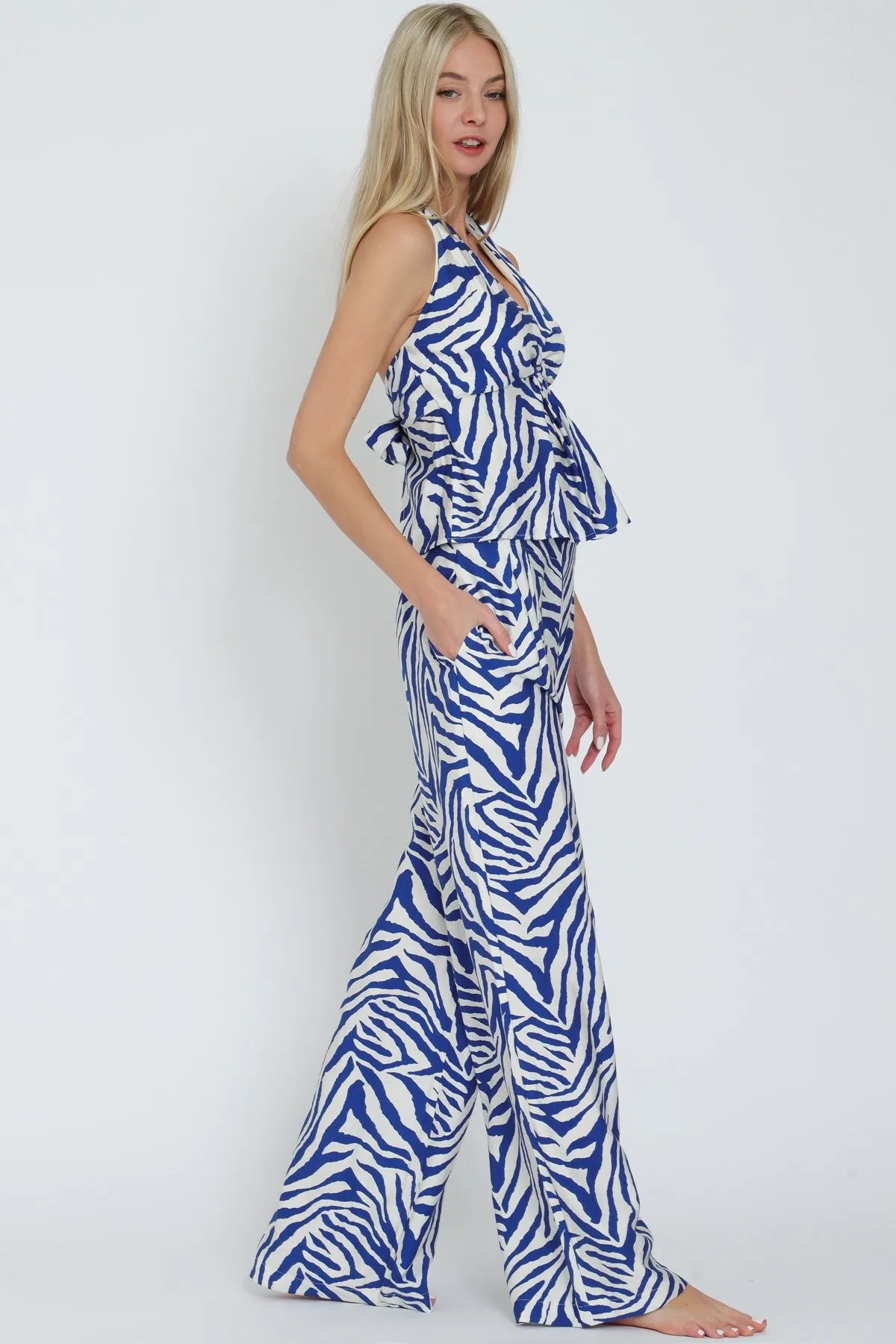 Ivory/Blue Halter Tie Back Waisted Top & Long Pants Set