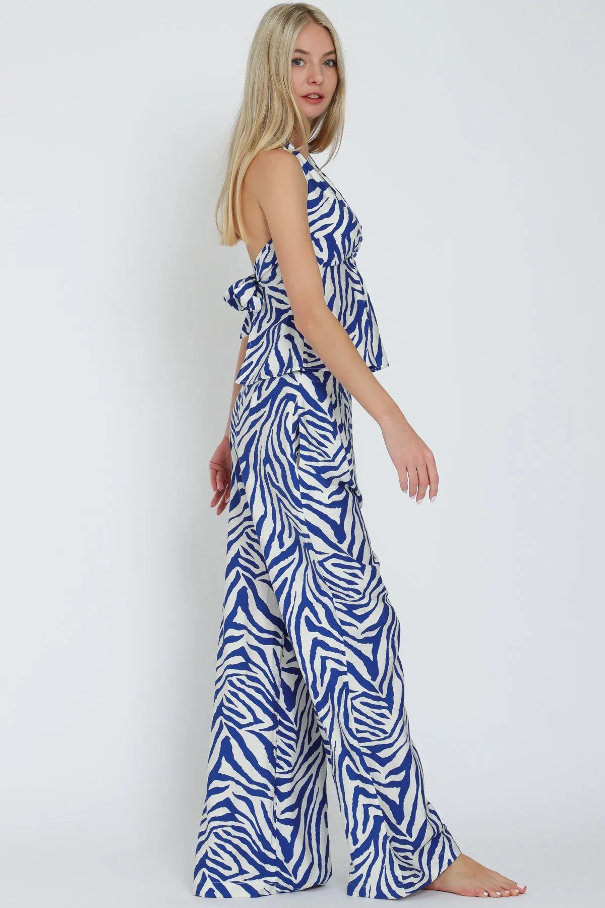 Ivory/Blue Halter Tie Back Waisted Top & Long Pants Set