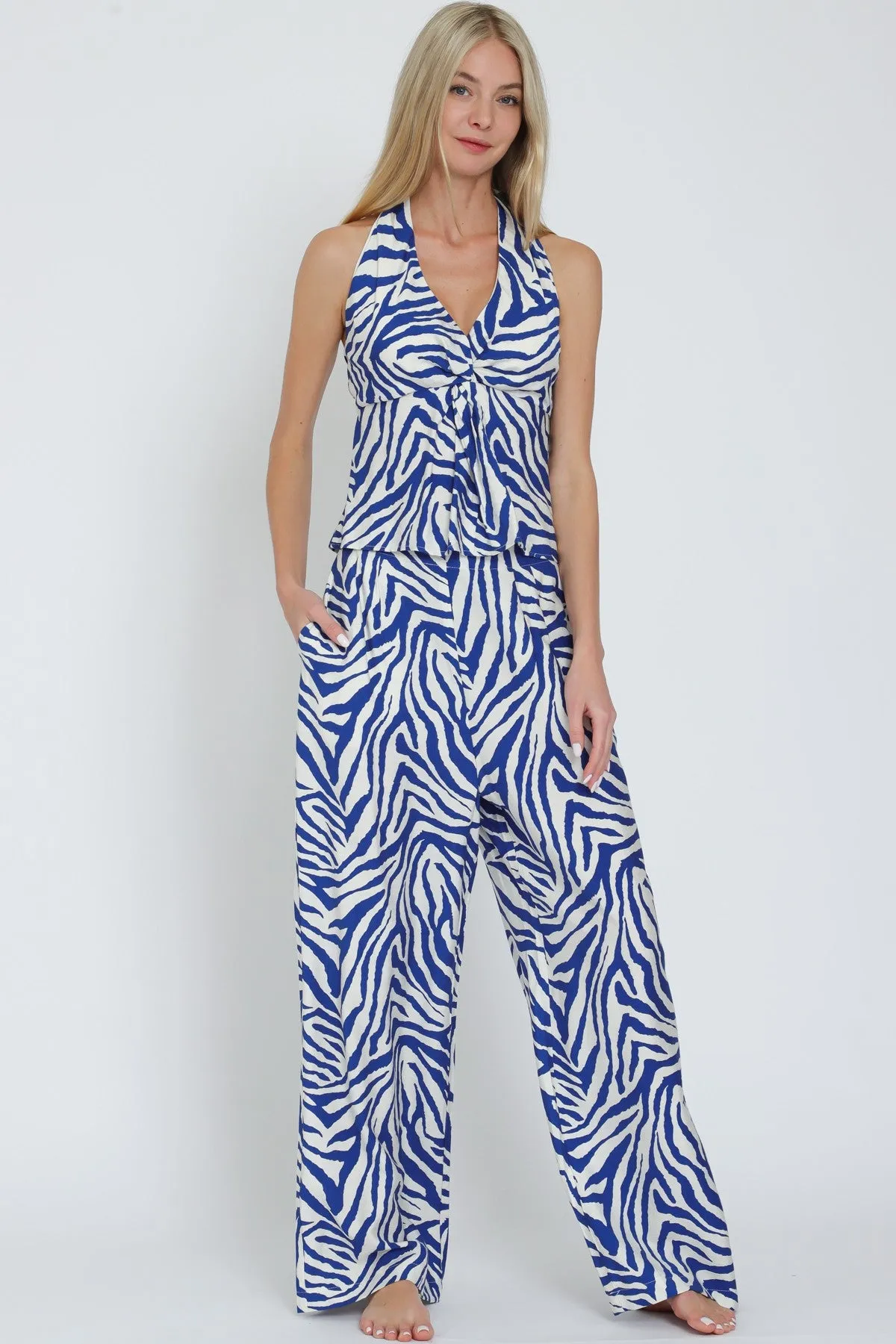 Ivory/Blue Halter Tie Back Waisted Top & Long Pants Set