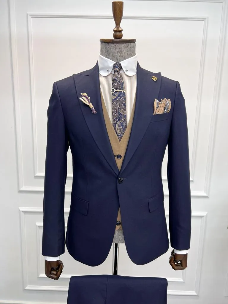 Jake Navy Blue Slim Fit Peak Lapel Combination Suit