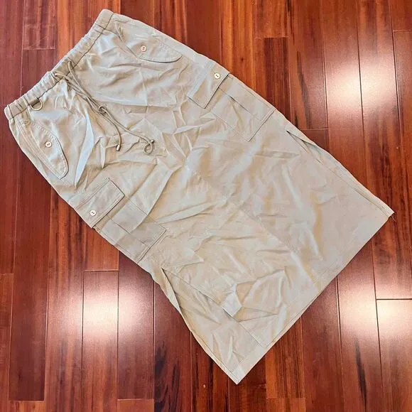 Joie Light Olive Green Cargo Pocket Skirt Maxi Drawstring Utility Silky Feel 6