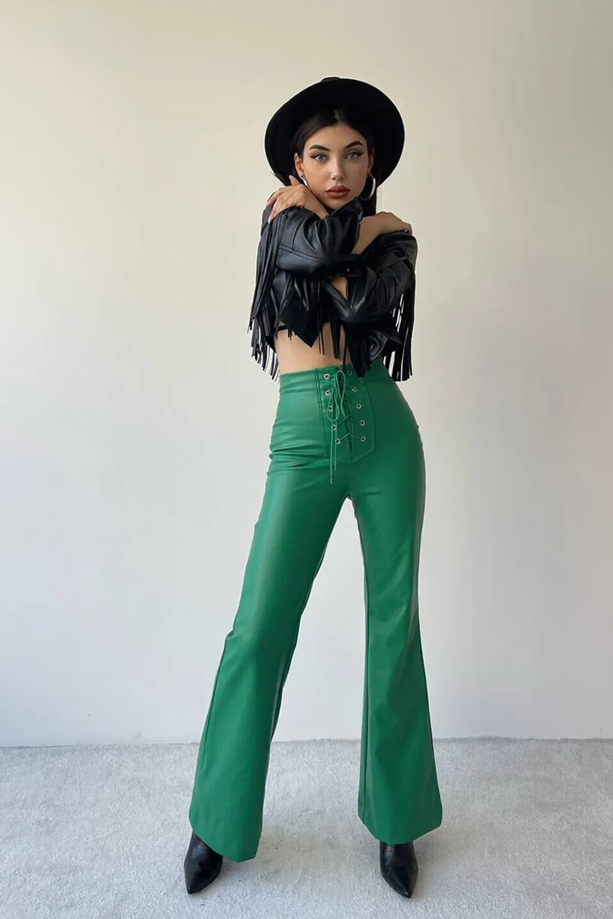 Juno High-Waisted Lace-Up Faux Leather Flare Pants