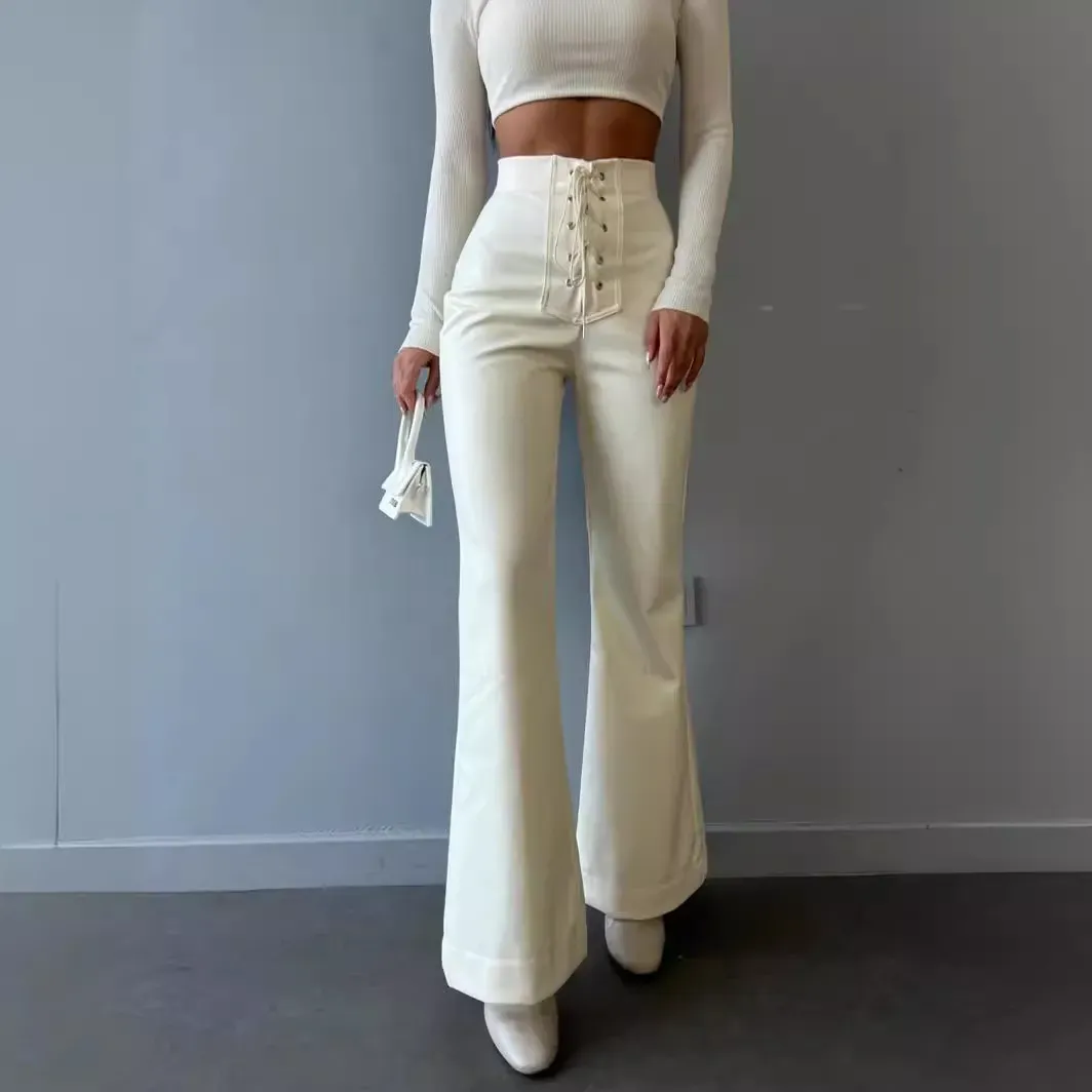 Juno High-Waisted Lace-Up Faux Leather Flare Pants