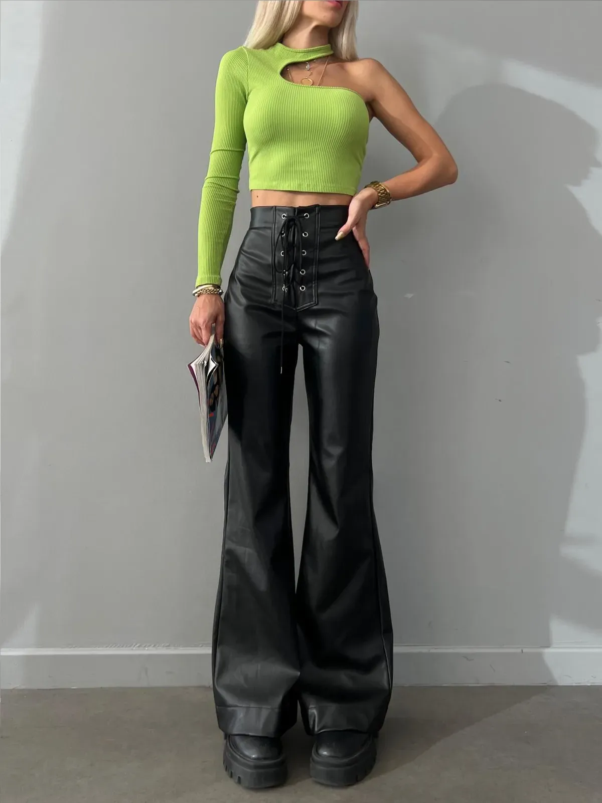 Juno High-Waisted Lace-Up Faux Leather Flare Pants