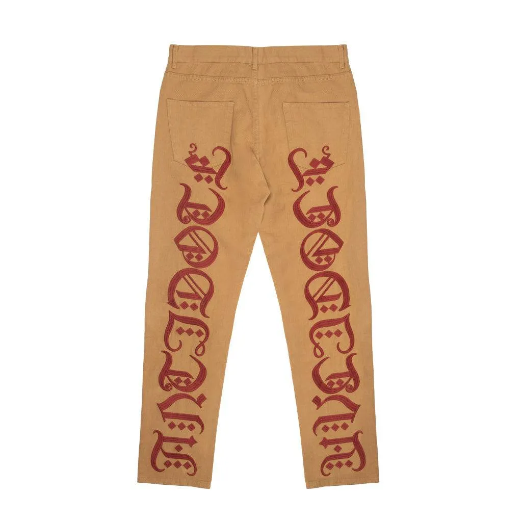 Khaki Embroidered Straight Twill Casual Pants