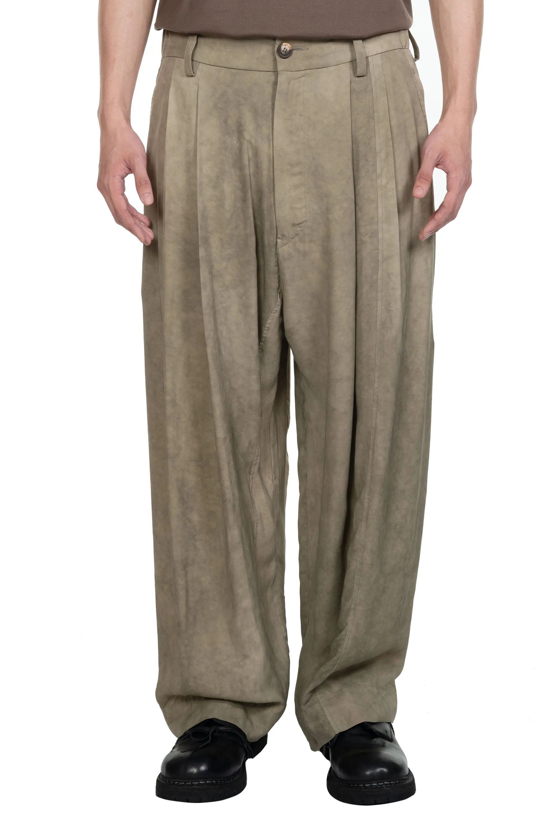 Khaki Green Pleated Tapered Trousers