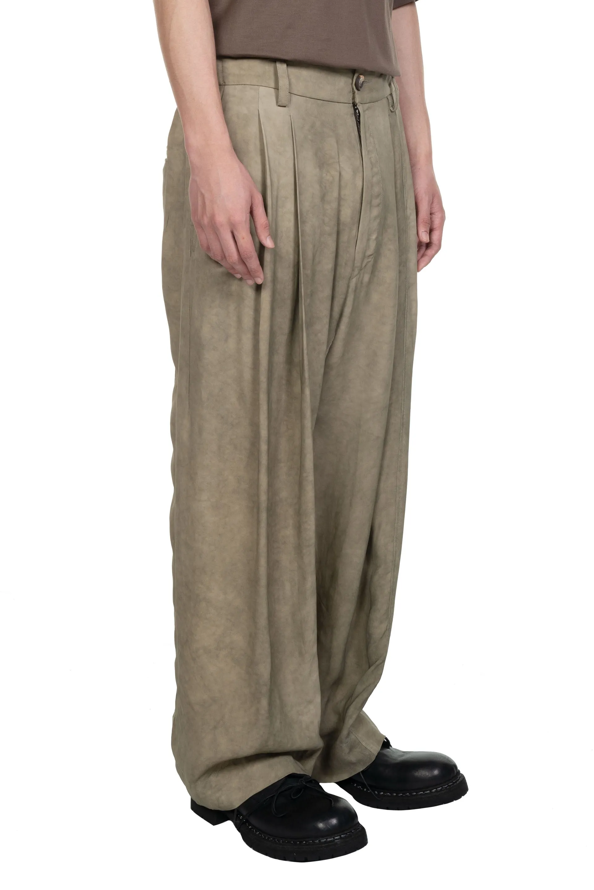 Khaki Green Pleated Tapered Trousers