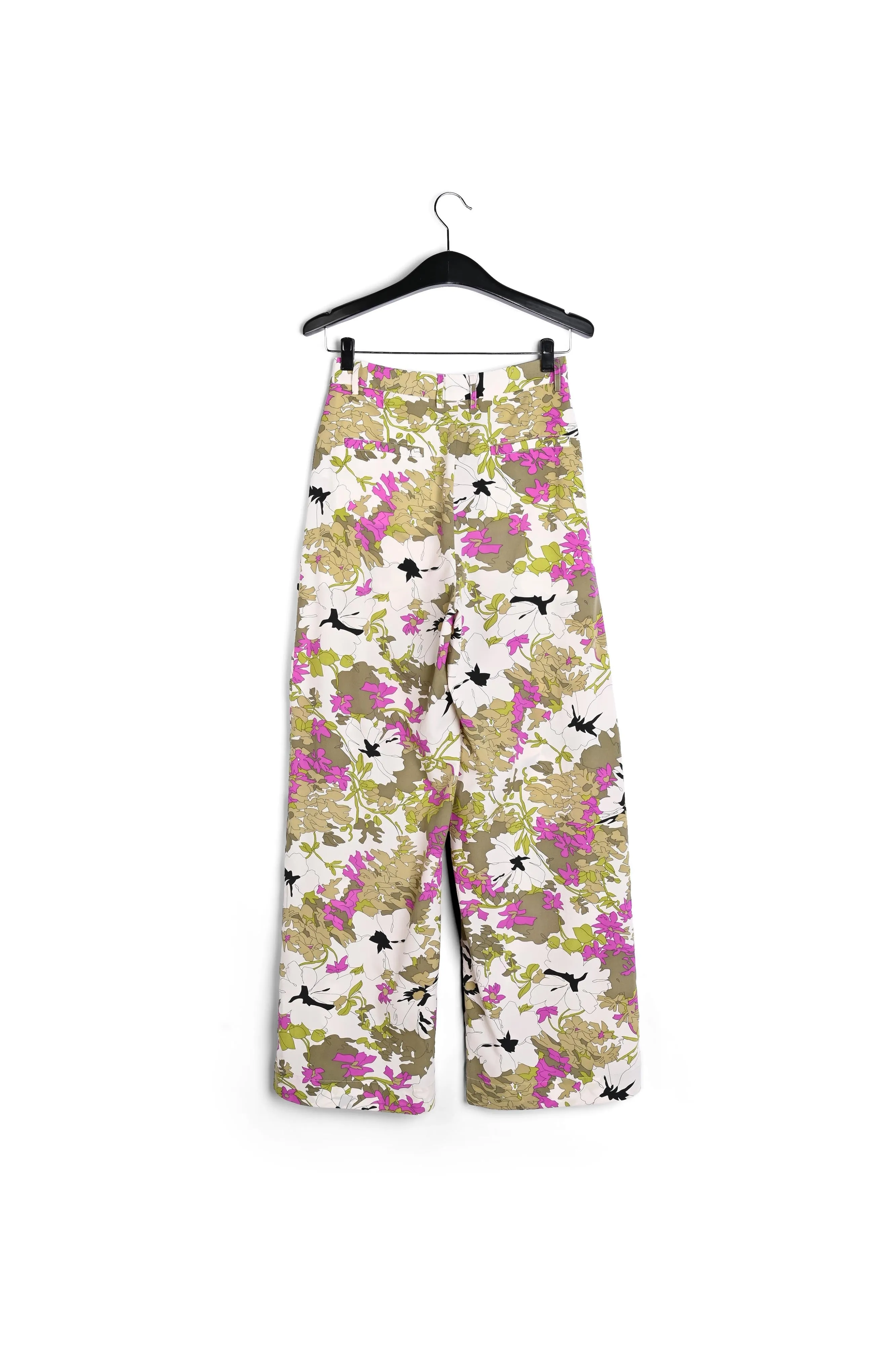 Khaki green, white and pink floral wide-leg pants
