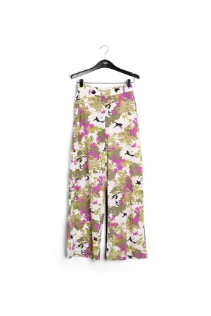 Khaki green, white and pink floral wide-leg pants