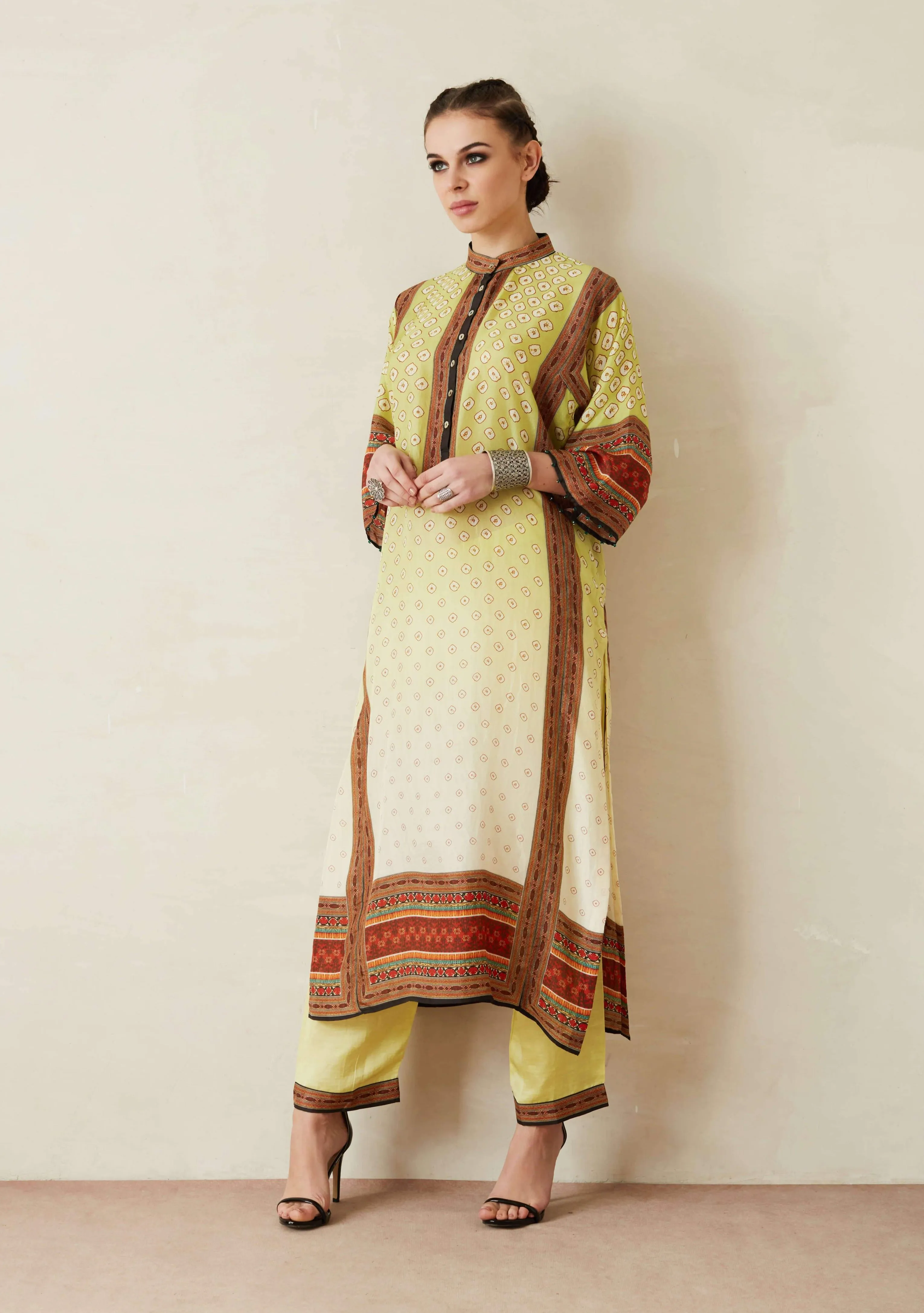 Lime Green Panelled Kurta With Palazzo Pants And Stole