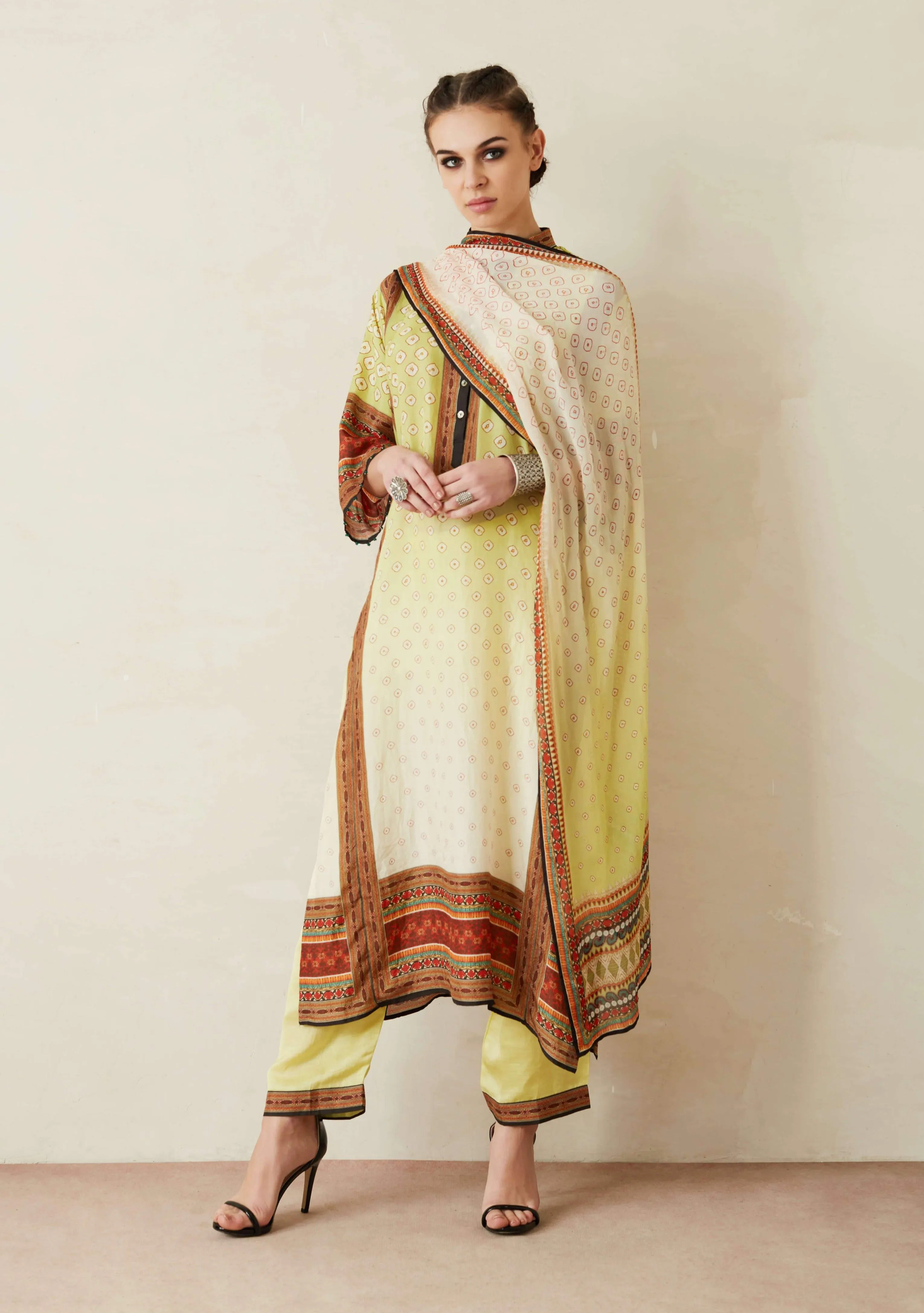 Lime Green Panelled Kurta With Palazzo Pants And Stole
