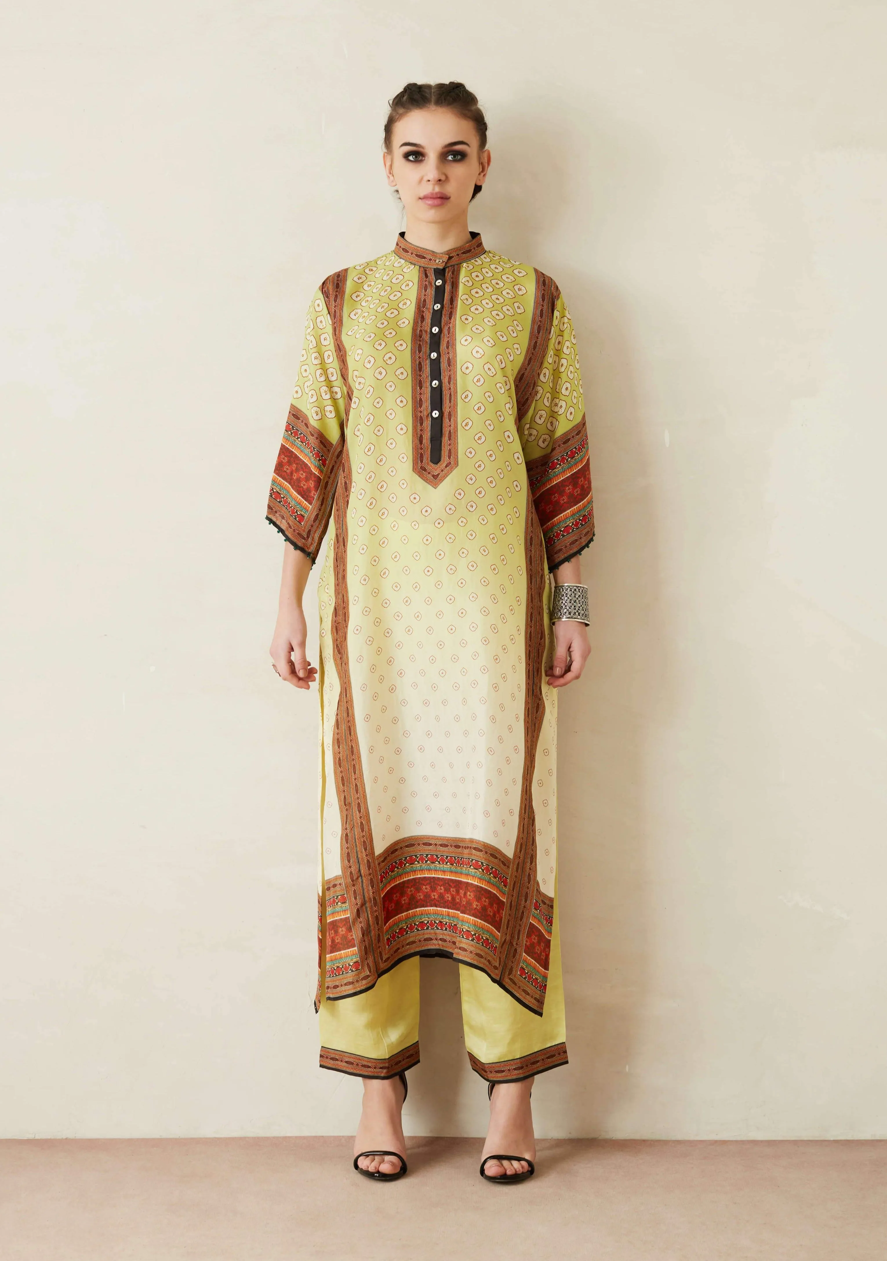 Lime Green Panelled Kurta With Palazzo Pants And Stole