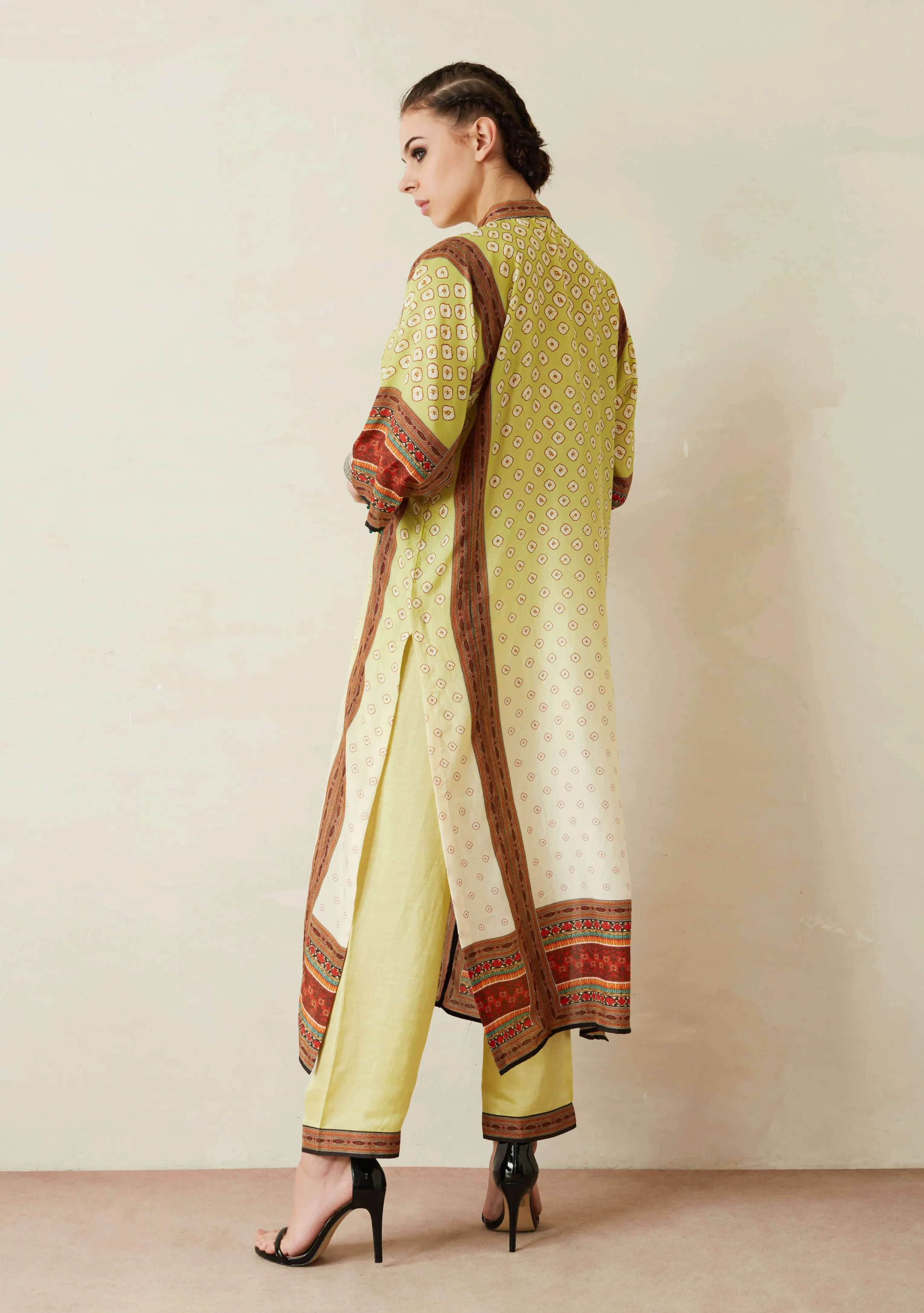 Lime Green Panelled Kurta With Palazzo Pants And Stole