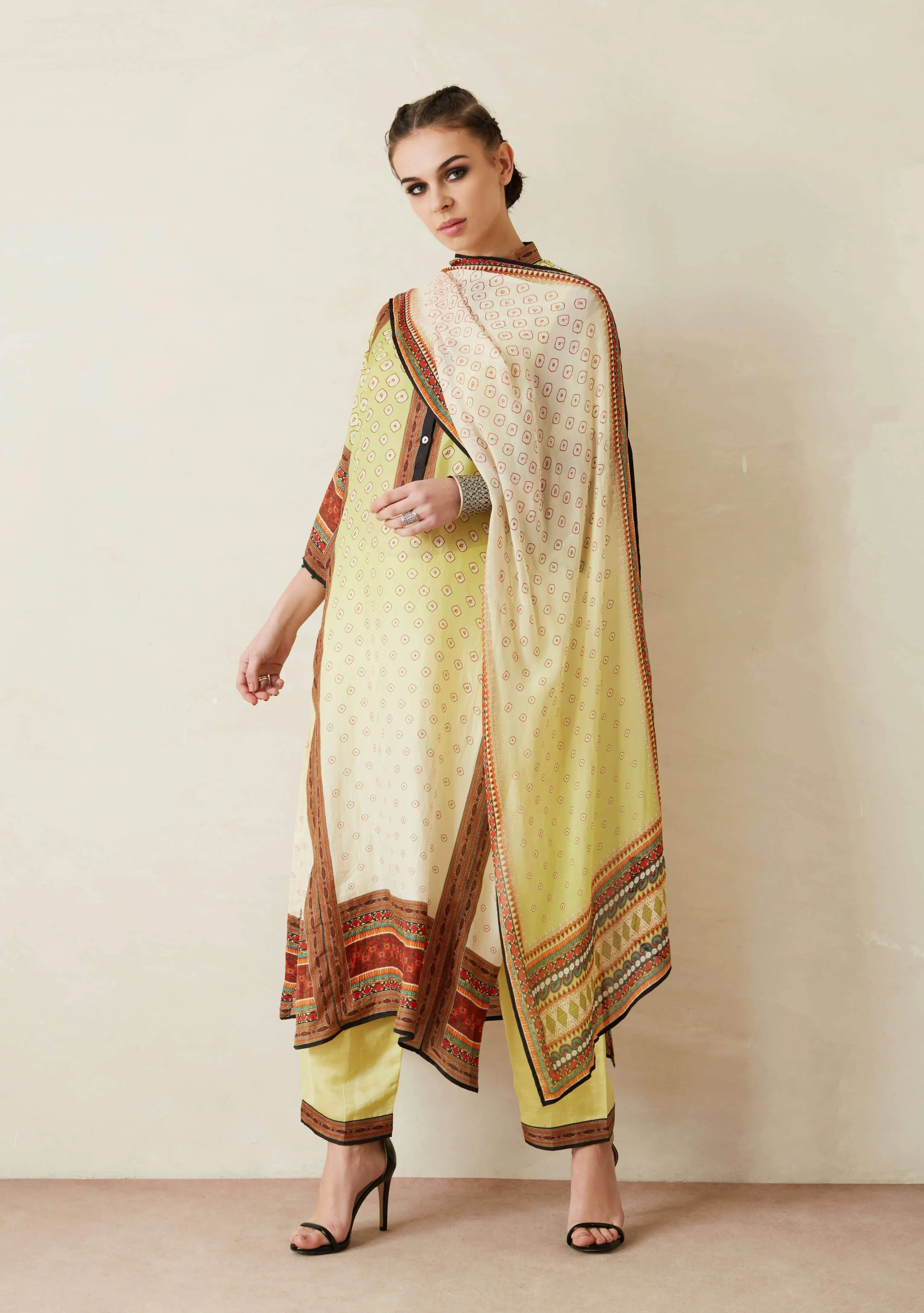 Lime Green Panelled Kurta With Palazzo Pants And Stole