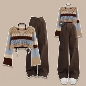 Long Sleeved Knitwear Cargo Pants Matching Set