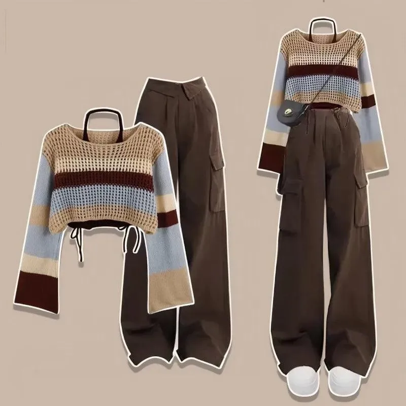 Long Sleeved Knitwear Cargo Pants Matching Set