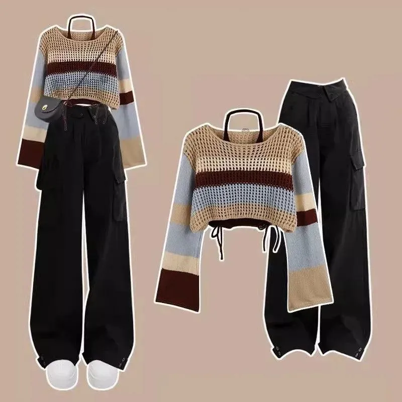 Long Sleeved Knitwear Cargo Pants Matching Set