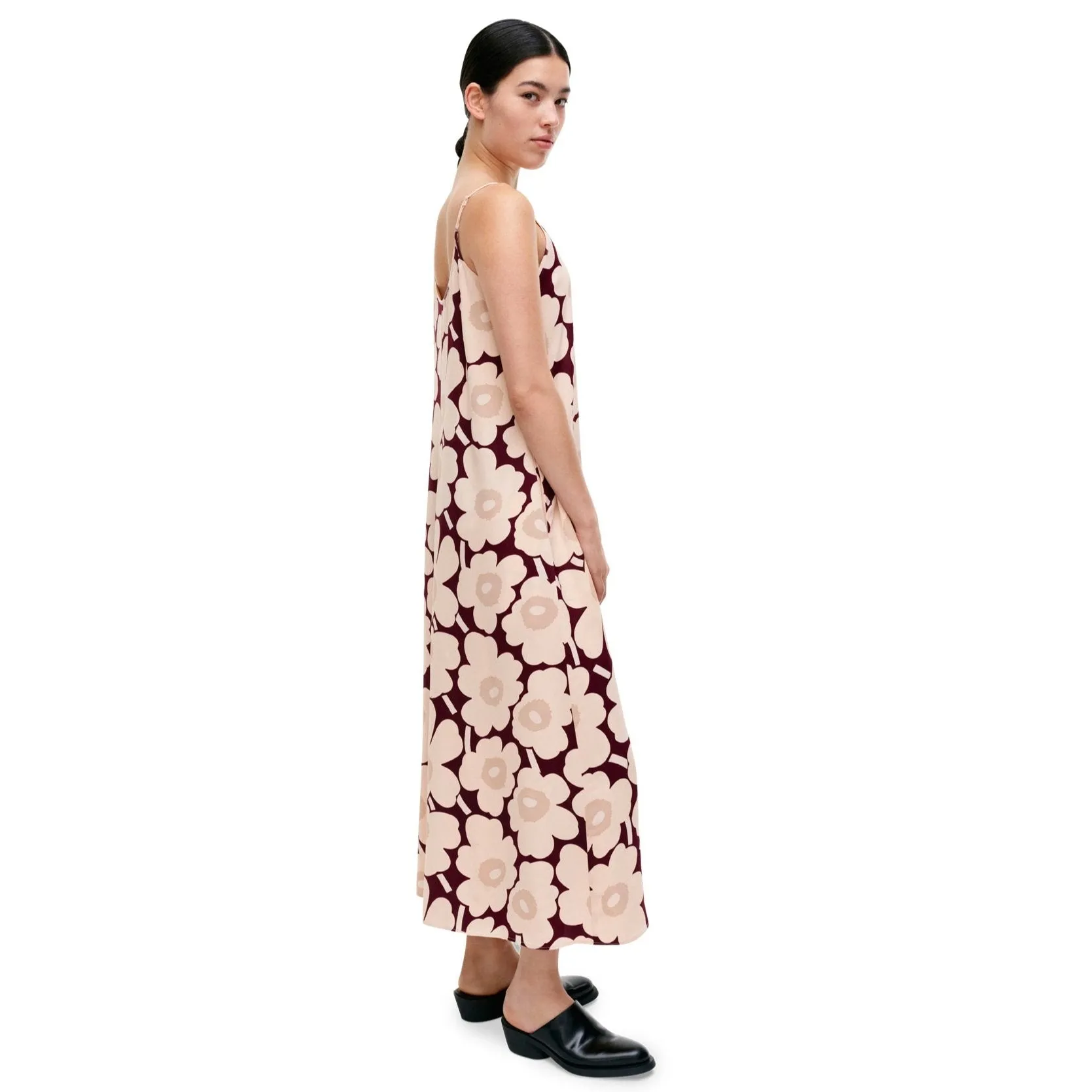Marimekko Seurassa Unikko Satin Dress, Pink & Burgandy
