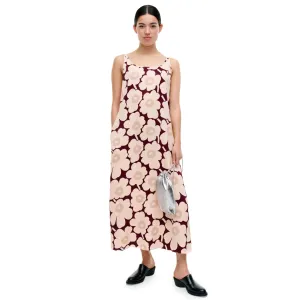 Marimekko Seurassa Unikko Satin Dress, Pink & Burgandy