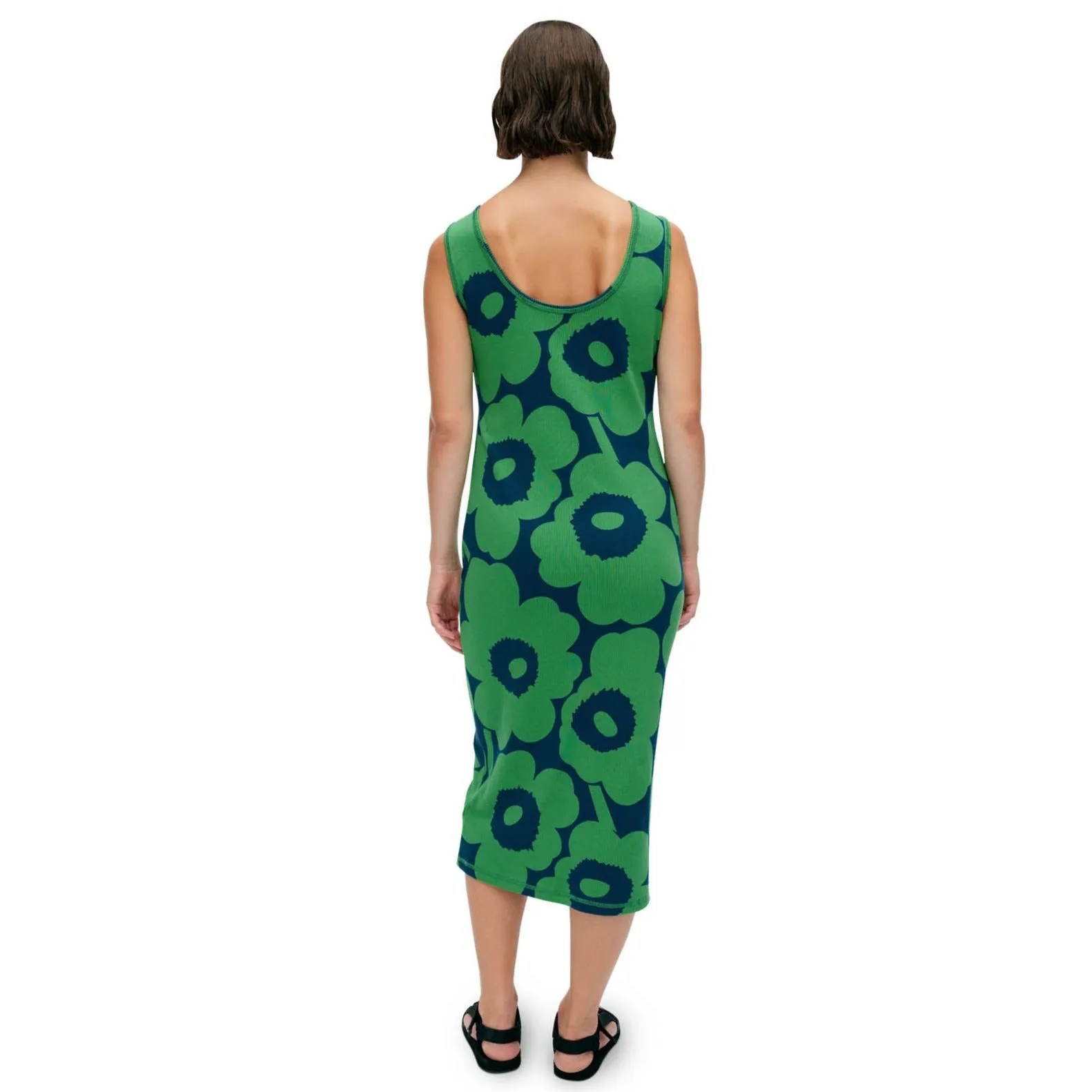Marimekko Simpukka Unikko Sleeveless Dress, Blue With Green Flowers