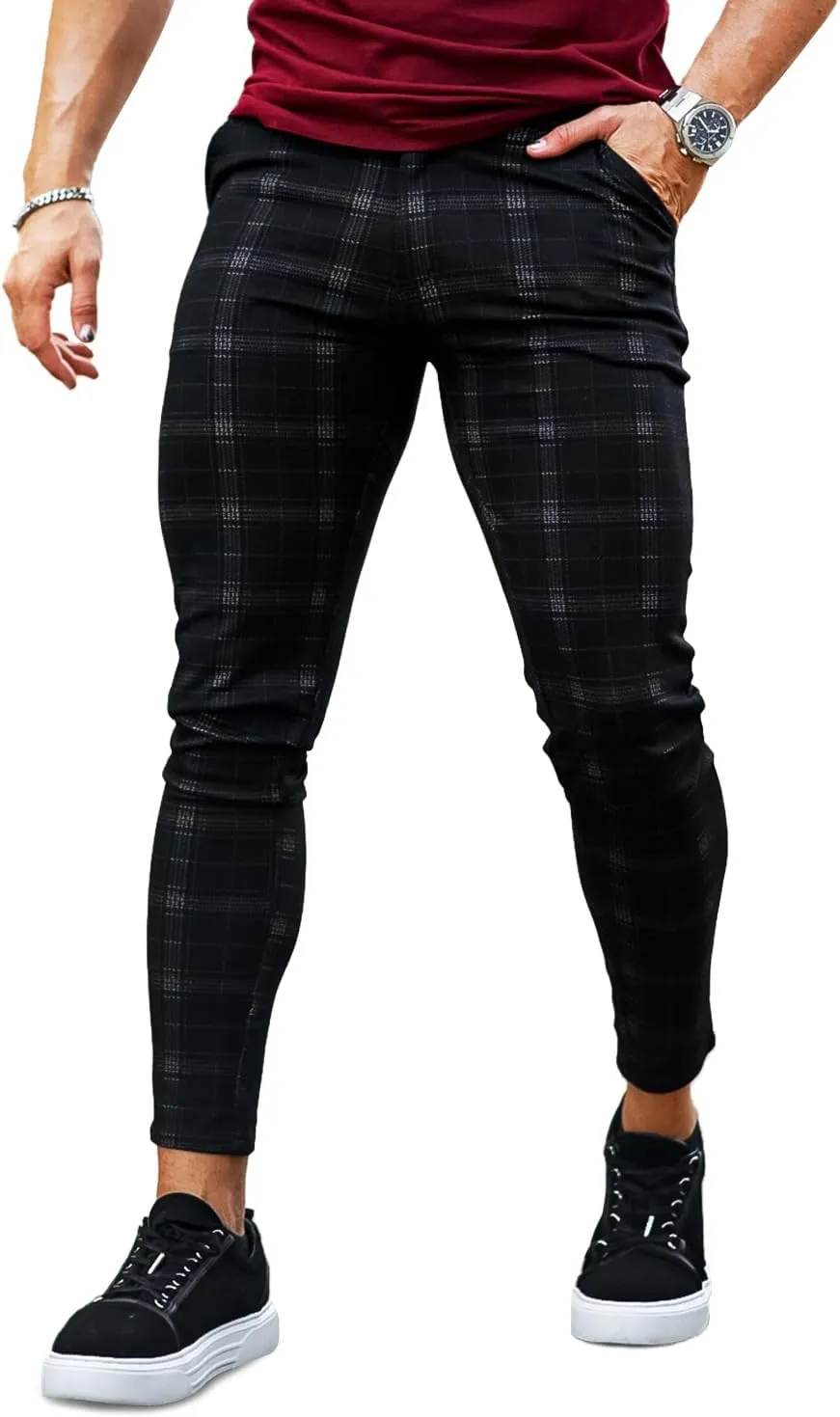 Mens Plaids Stretch Chino Pants Slim Fit