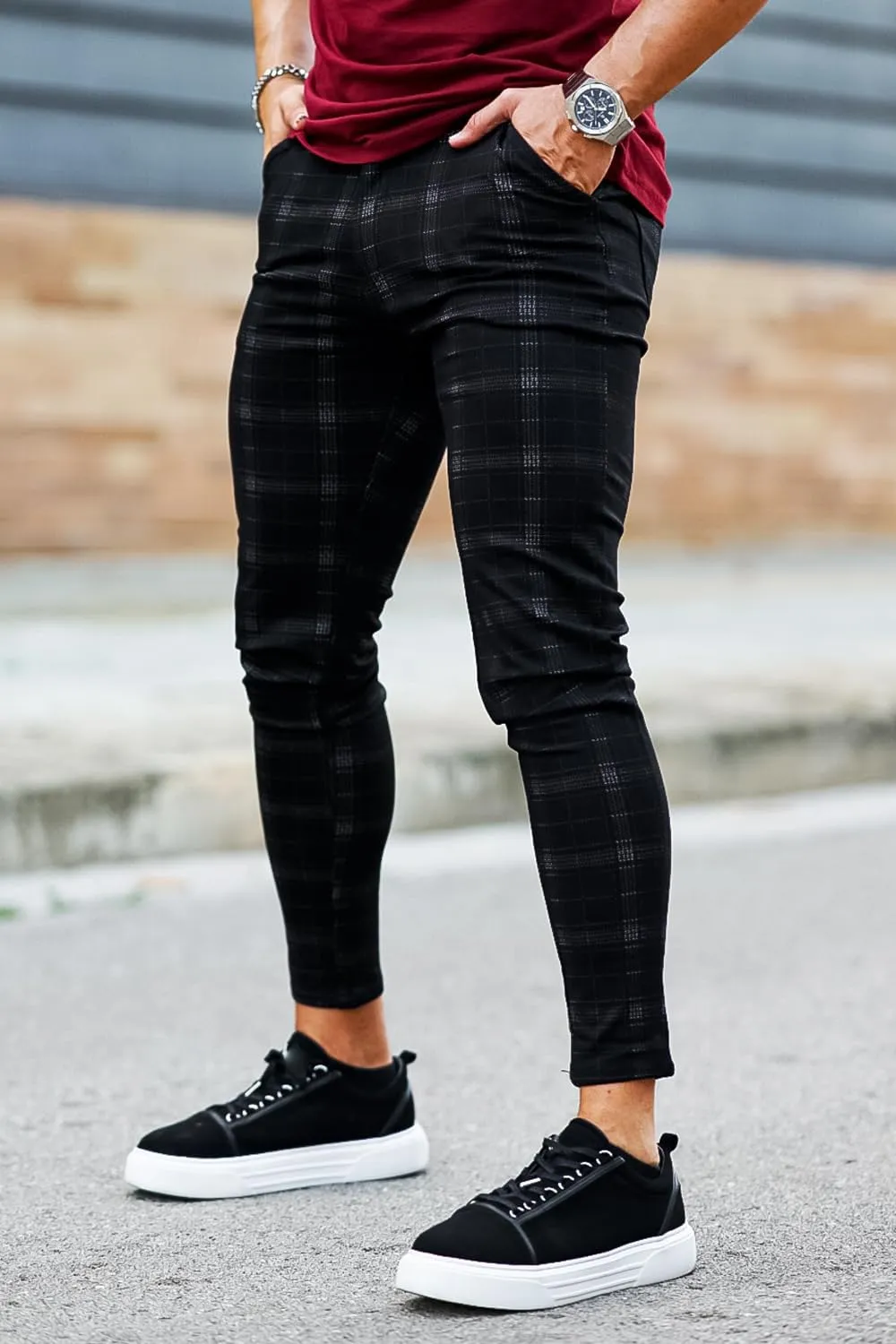 Mens Plaids Stretch Chino Pants Slim Fit