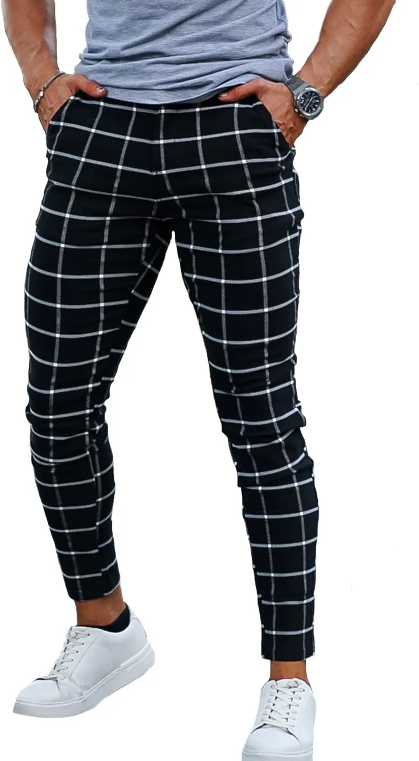 Mens Plaids Stretch Chino Pants Slim Fit