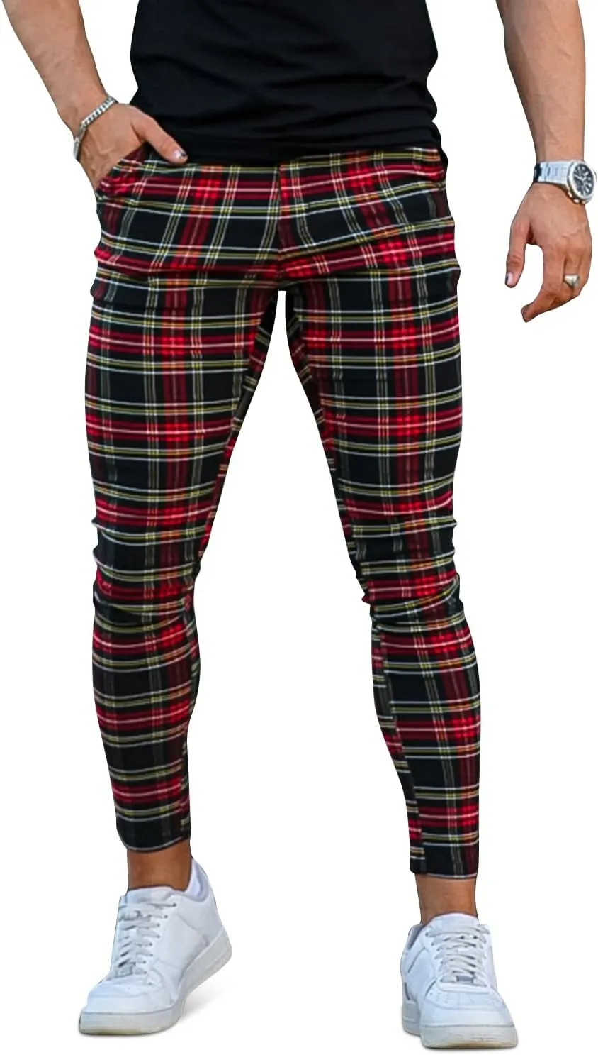 Mens Plaids Stretch Chino Pants Slim Fit