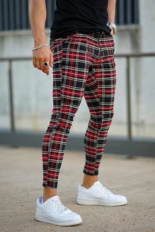 Mens Plaids Stretch Chino Pants Slim Fit