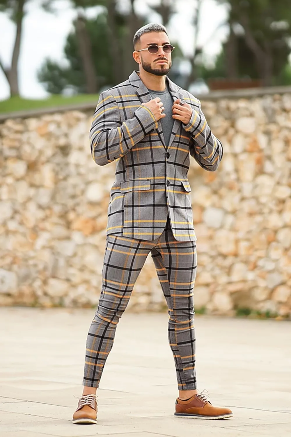 Mens Plaids Stretch Chino Pants Slim Fit
