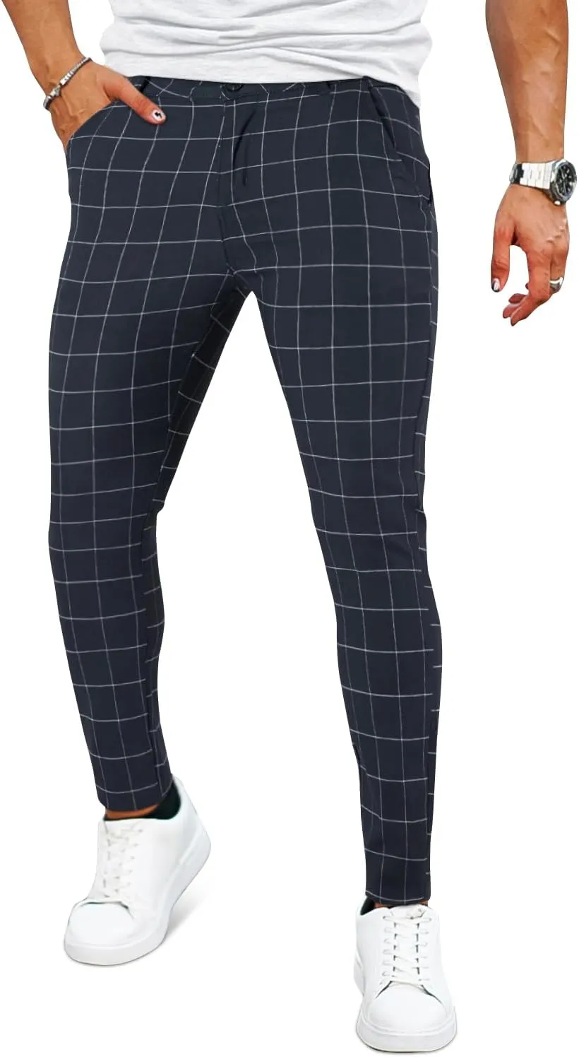 Mens Plaids Stretch Chino Pants Slim Fit