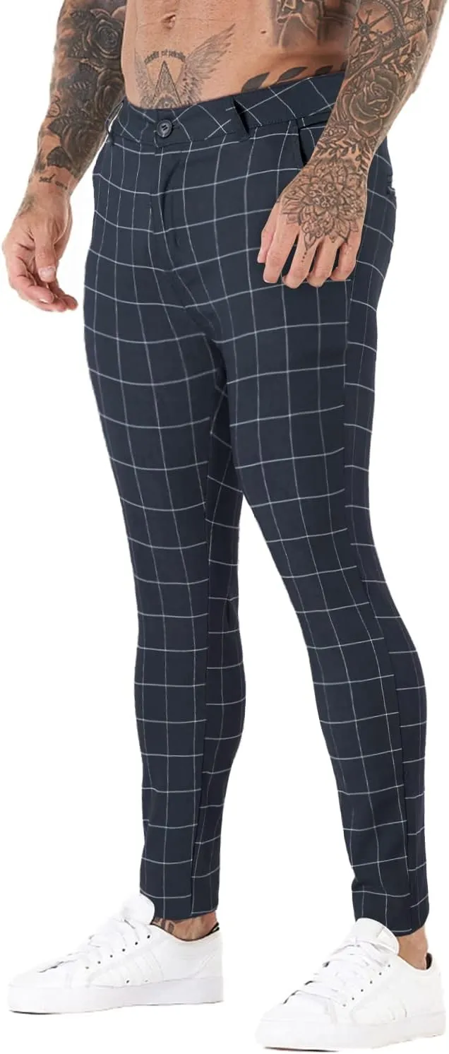 Mens Plaids Stretch Chino Pants Slim Fit