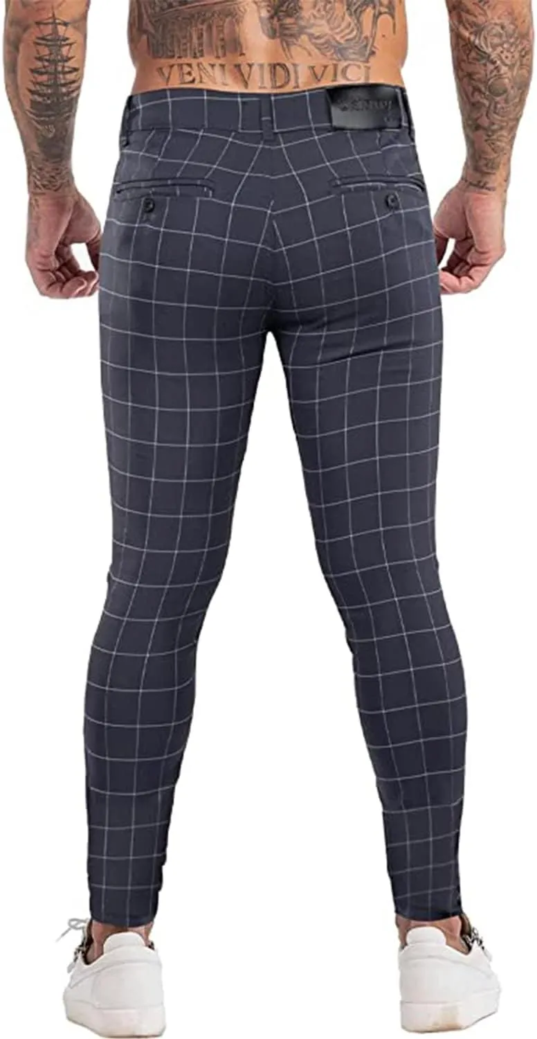 Mens Plaids Stretch Chino Pants Slim Fit